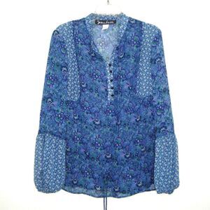 Susan Lucci Boho Blue Floral Chiffon 1/4 Button Front Long Sleeve Blouse Size L